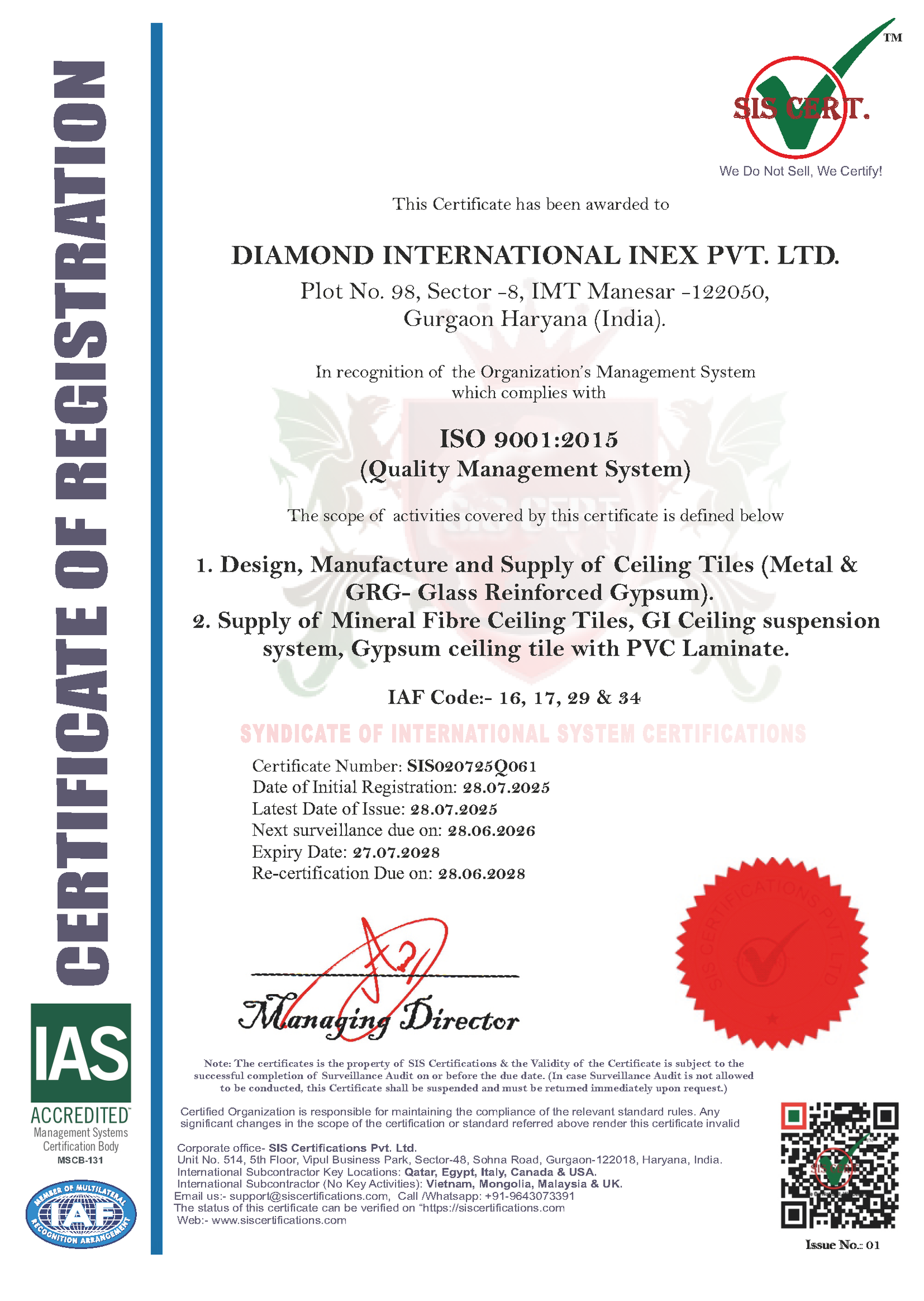 Diamond Ceilings ISO 9001:2015 certified company